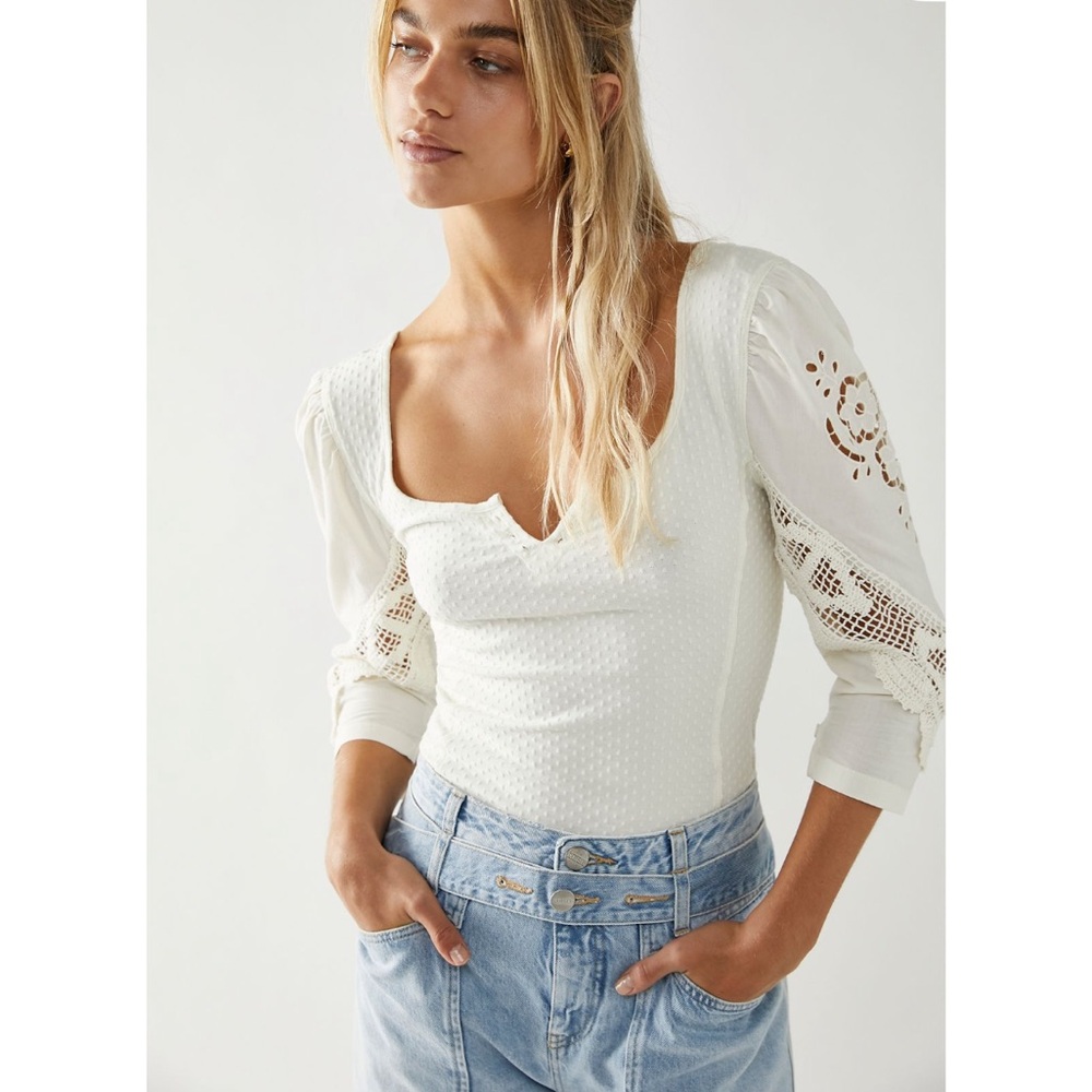 Free People Brunch Date Henley Embroidered Quarter Sleeve Blouse